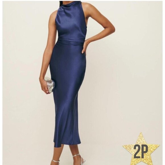 Reformation Navy Blue Casette Silk Dress Size 2P